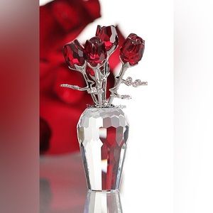 Swarovski Crystal Red Roses in Vase w/ Rhodium Leaves. New in box. Retired.